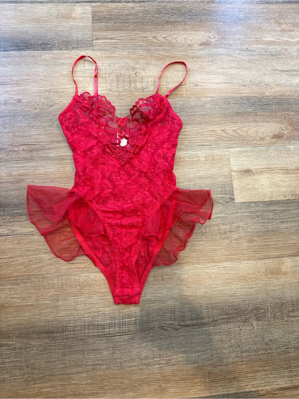 Lace Ruffle Red Teddy Bodysuit with Sheer Details